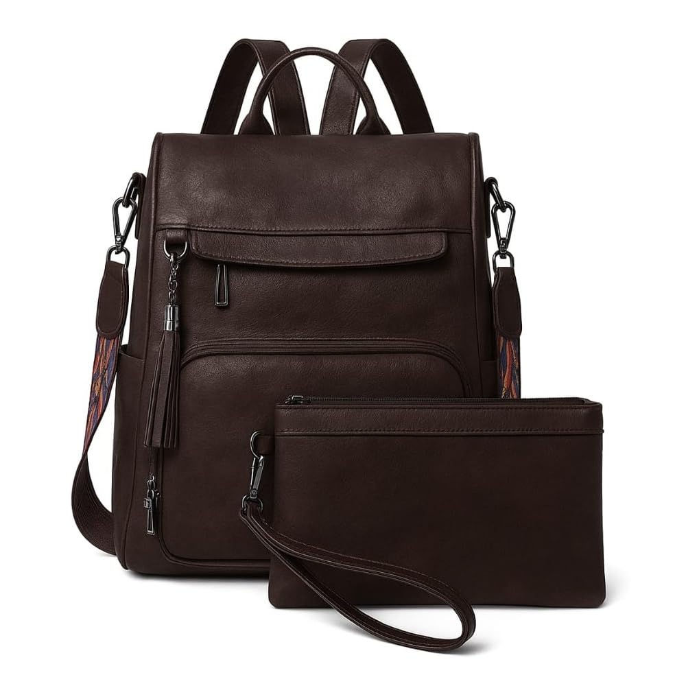 Fashion Backpack Set for Women Girls, Backpack Purse for Women Satchel Handbags Large Capacity Travel Vintage PU Leather Shoulder Bag-image-24