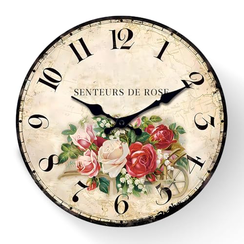 GOEDCH Orologio da parete vintage Shabby Chic: orologio da cucina silenzioso in legno retrò da 30,5 cm, silenzioso, senza ticchettio, motivo floreale, per soggiorno, camera da letto, cucina, ufficio