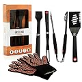 Yukon Glory™ Heavy Duty 5 Piece Grilling Tools Set, Durable Stainless Steel BBQ Accessories, Long Handle 3 in 1 Spatula, Tongs, Brush, Grill Fork, Thick Grilling Gloves, Gift Set