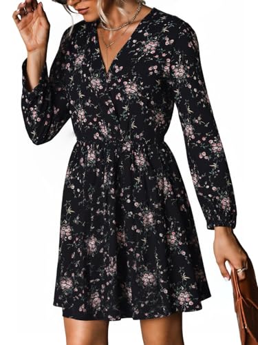 DERAX Women's Floral Boho Mini Dresses Elegant Spring Fall V Neck Chiffon Long Sleeves Party Vacation Cocktail Dress