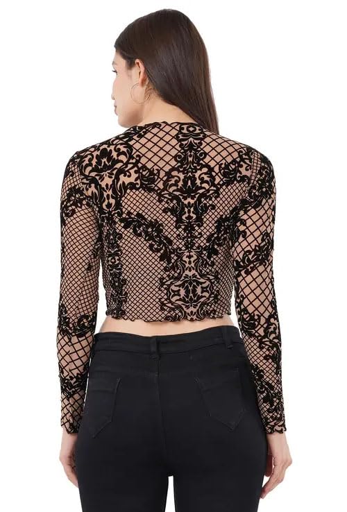 Image of ICW Women Long-Sleeves Round Neck Net Printed Transparent Mesh Sheer Crop Top T-Shirt DN38(Mix Print)