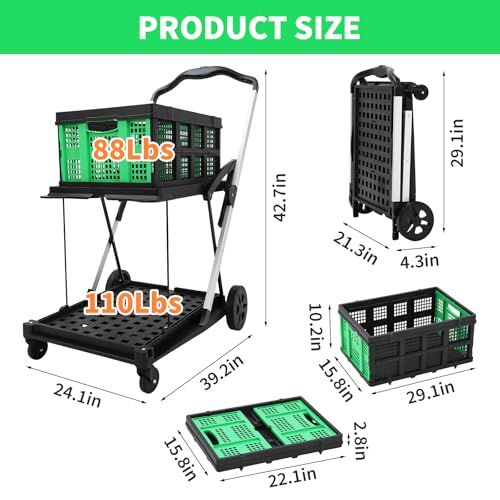 Image of Foldable Shopping Cart, 1 Storage Crate, 2 Tier Collapsible Utility Cart