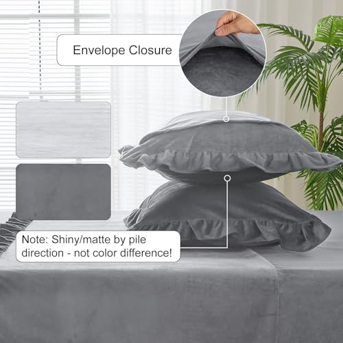 Image of Velvet Plush Flannel Sheet Set - Queen Size 4-Piece - Ruffled Edge Design, 16 Inch Deep Pocket, Anti-Pilling & Fade Resistant - 220 GSM Breathable Luxury All-Season Bedding, Gray