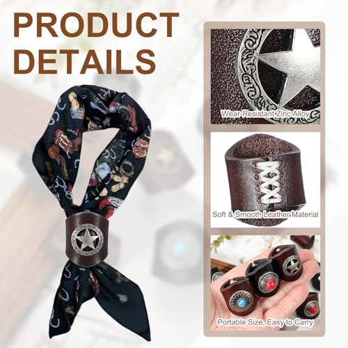 PATIKIL Western Bandana Scarf Ring, Men Square Handmade Leather Sunflower Gem Scarf Slide Ring Vintage Cowhide4