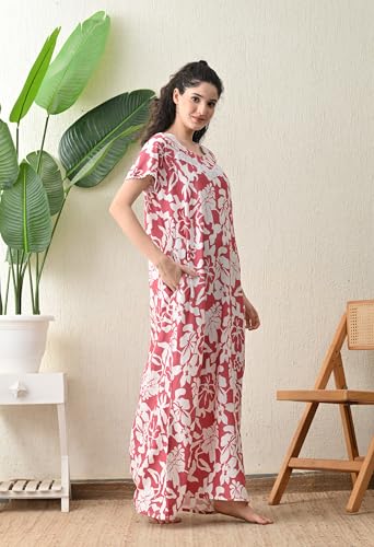 Image of Ichaa Women's Rayon Printed Round-Neck Nighty with Pocket, in Plus Sizes