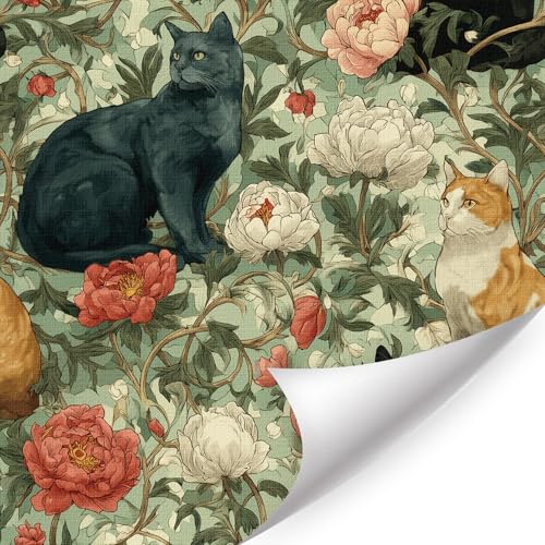 LHIUEM Three Cats & Hydrangea Wallpaper, 17.3”x118”