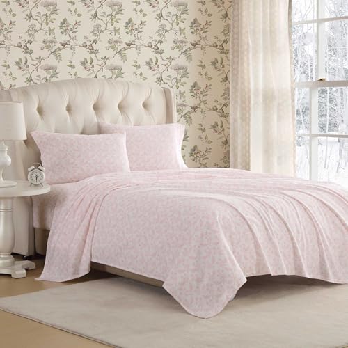 Image of Laura Ashley - Flannel Sheets Queen Size, Anti-Pilling & Wrinkle Resistant Cotton, Touchably Soft for All-Season Comfort - Bed Sheets with Matching Pillowcases & Fitted Sheet (Antoinette Pink)