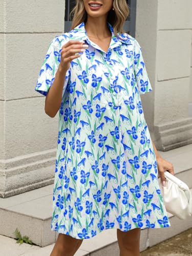 Image of LifeShe Summer Floral Dress Women's Printed Casual Sundress Short Sleeve Button Up Shirt Dresses with Pockets