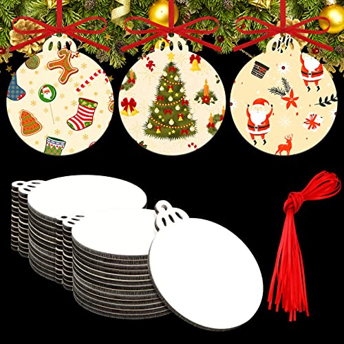 Sublimation Ornament Blanks MDF Personalized Blank Ornaments Round Blank Sublimation Ornaments Christmas Hanging Ornaments Discs with Red Rope for Xmas Ornament DIY Decoration Supplies (15 Pieces)