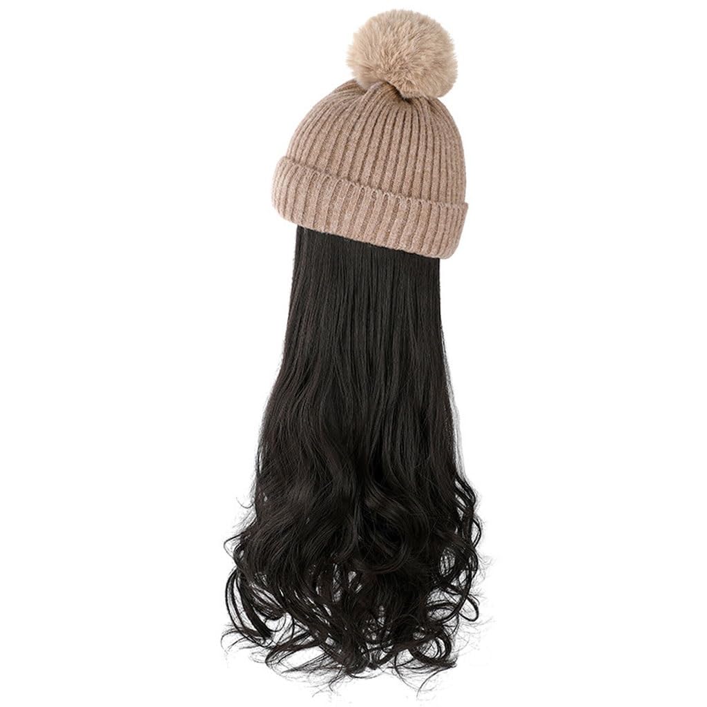 EERINESS Wig With Bangs Hat Wig Hat Wig Natural Realistic Wig Cap Removable Hair Extensions Wig Long Curly Hair Removable Fashion Beanie Hat Hat with Hair Attached for Women (Color : B)