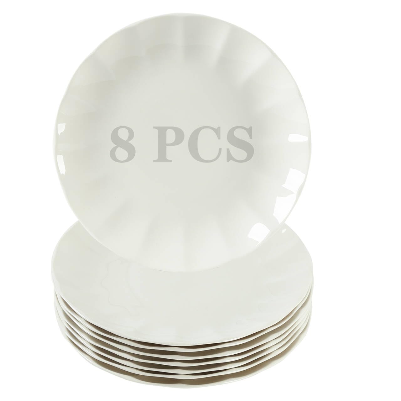 10.5 Inch Porcelain Large Dinner Plates Set of 8,White Round Petal Appetizer Salad Plates, Ceramic Dinnerware Serving Plate for Pancakes, Steak, Pasta, Pizza, Microwave, Dishwasher Safe