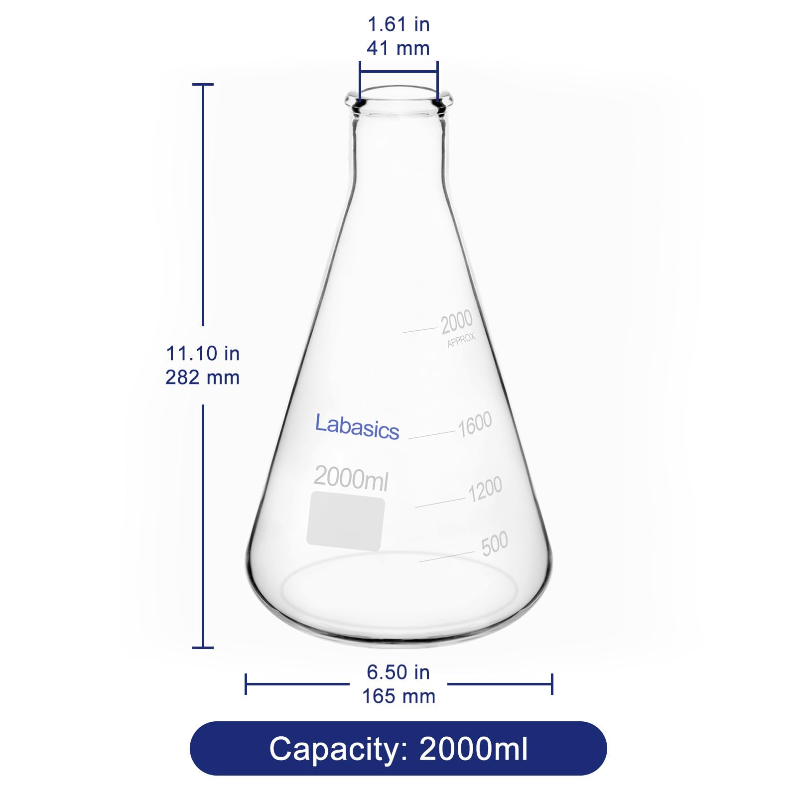 Labasics Matraces Erlenmeyer en Boca Estrecha, Erlenmeyer Flask Matraz de Cristal de Borosilicato con Borde Resistente - 2L