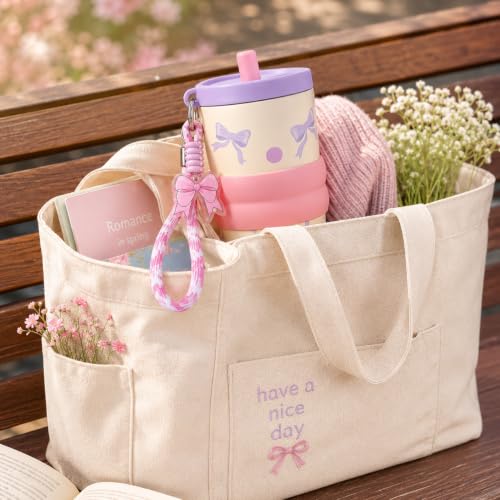 Image of Vasukie Tumbler with Stainless Steel Tumbler with Straw Lid, Wrist Strap & Decorative Bow Charm - Pink & Lavender Travel Cup,Gym,Home YL