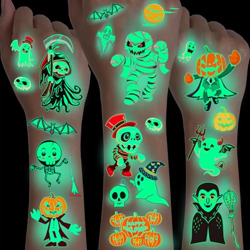 Image of 10 Sheets 80+ PCS Night Glitter Luminous Halloween Temporary Tattoos For Kids Boys Girls Face, Zombie Glow in The Dark Fake Tattoo Sticker, Ghost Spider Tattoos Basket Goodie Bag Stuffers Fillers
