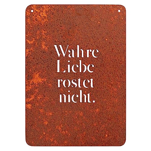 EXTRAVAGANT® Schild „Wahre Liebe rostet nicht“ Gartendeko Dekoration Metall Stahl Rost Edelrost wetterfest Garten Wohnung Love Geschenk Muttertag Freundin Freund Valentinstag Geburtstag Gartenschild
