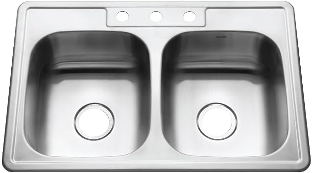 Houzer 3322-8BS3-1 Glowtone Series Topmount Stainless Steel 3-hole 50/50 Double Bowl Kitchen Sink, 8-Inch Deep