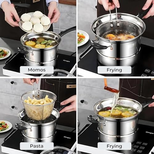 Image of 18 /10 Stainless Steel, 4 Piece Pasta Pot with Strainer Insert, StockPot with Steamer Basket and Insert, Set with Glass Lid
