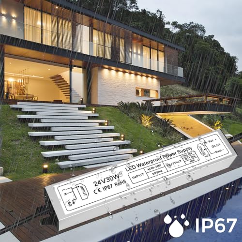 Image of 24V Power Supply 30W, IP67 Waterproof LED Driver Transformer, AC 90-140V to DC 24V 1.25A Converter for Outdoor Landscape Lighting and LED Strip Lights, 3-Prong Plug with 3.3FT Cable