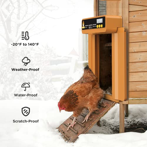 Automatic Chicken Coop Door Opener with Timer, Programmable Light Sensor, Battery Powered LCD Screen, Weatherproof, Low Battery Indication (Orange)