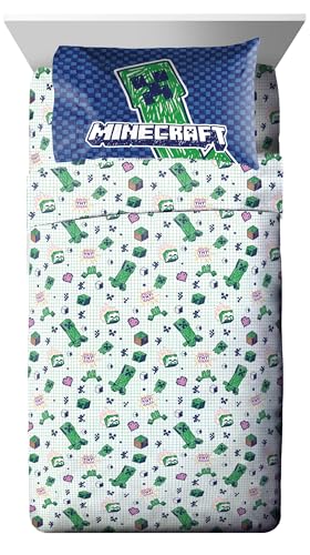 Image of Minecraft Creeper Twin Comforter Set 5 Piece Kids Bedding for Girls, Blue | Gaming, Bed in a Bag, Comforter Sheets Sham Pillowcase, Official Product, Soft Microfiber, Machine Washable, Girls Gift