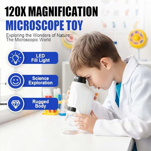Image of Mini Microscope, 2026 New Pocket Microscope for Kids, Portable Handheld Kids Microscope Mini Scope Educational Science Kits with LED Light 60X-120X (White)