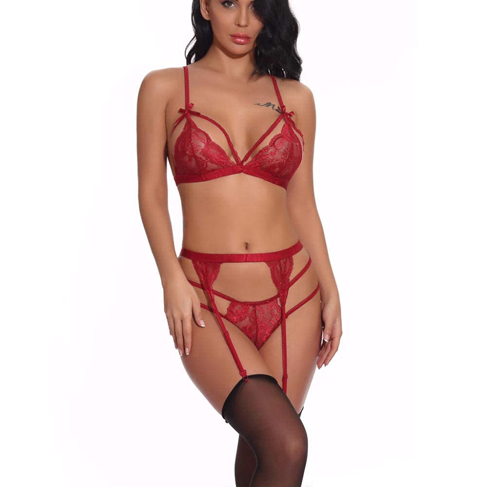 Body de Mujer Ropa Interior de Encaje Conjunto de Ropa Interior de Mujer Lencería de Encaje con Correa de Liguero Sujetador y Calzoncillos Disfraces Calientes Interior (AL)