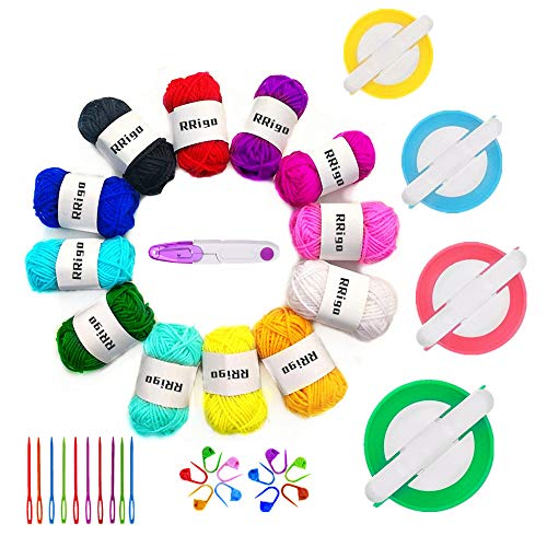 Pom Pom Maker,4 Sizes Pompom Maker Tool Set for Fluff Ball Weave DIY Wool Yarn Knitting Craft Project for Kids and Adult+12PS Acrylic Yarn+10PS Knitting Stitch Markers+10PS Plastic Needle+1PS Scissors