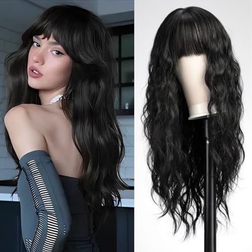 WOKESTAR Long Wavy Natural Black Wigs for Women Heat Resistant Natural Hair with Fringe