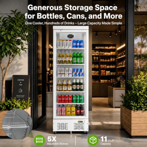 Image of Commercial Beverage Refrigerator with Glass Door, 11 Cu.Ft Upright Display Fridge Commercial Cooler, Merchandiser Drink Refrigerator with Soft LED Light, Romovable Shelves for Restaurant Stores