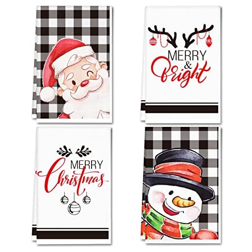 Christmas Kitchen Towels Black Buffalo Plaid Hand Towels Xmas Absorbent Dishcloths Winter Holiday Kitchen Decor Snowman Santa Dish Tea Towels Merry Bright Tea Towel for Home Kitchen Supplies Set of 4