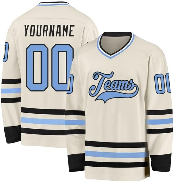 Custom Long Sleeve Jersey, Custom Cream Light Blue Black-White Hockey Jersey, Hockeys Jerseys for Men,