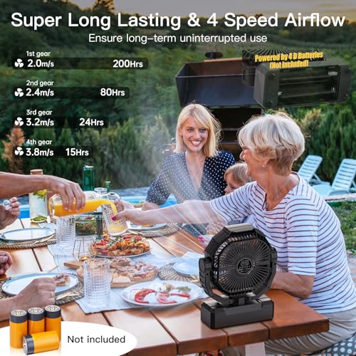FRIZCOL-Battery-Operated-Fan-200H-Max-2-IN-1-D-Cell-Battery-USB-Powered-Fan-Portable-Camping-Fan-with-4-Speeds-Light-Timer-Remote-for-Outdoor-Tent-Travel-Picnic-Office-Bedroom-Black