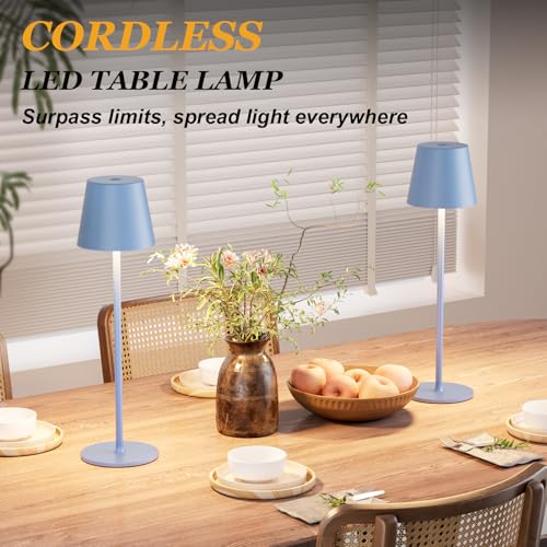 Image of Kakanuo Cordless Table Lamp Rechargeable Blue - KK 2 Pack 5000mAH Battery Operated Lamp for Dining Table, 3 Color Stepless Dimming Wireless Lamp for Counter, Outdoor Patio, Touch Control