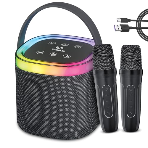 Image of Wembley Karaoke Speaker with 2 Mic Wireless | 5 Voice Modes Mic with Portable Bluetooth Speaker | Splashproof Long Playtime 360 Surround Sound with RGB Lights | Ideal Gift Karaoke System for Home