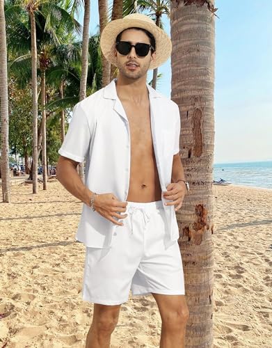 YTD Men's 2 Pieces Shirt Set Short Sleeve Button Down Casual Hippie Holiday Beach T-Shirts Shorts Outfits3