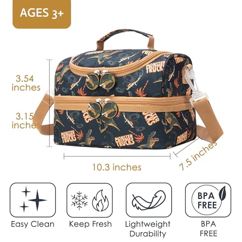 Image of Insulated Kids Dual Compartment Lunch Bags Tote Pack for Girls Boys Toddler Kindergarten School Picnic Cooler Thermal Lunch Boxes with Strap Truck Dinos