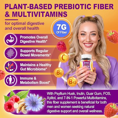 Fiber Gummies for Adults with Psyllium Husk, 7G(Soluble + Insoluble) Daily Prebiotic Fiber with Inulin, FOS, Guar Gum, Multivitamins for Daily Digestive Health, Regularity Support,Sugar Free,Pack of 2