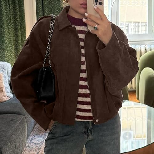HOTIAN Women's Faux Suede Bomber Jacket Zipper Pilot Coat Casual Lapel Oversized Long Sleeves Y2K Outerwear Coats2