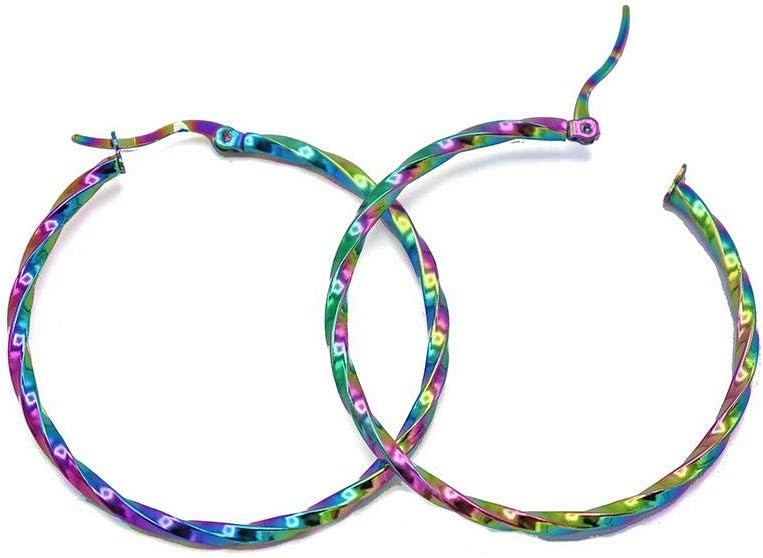 Rainbow Electroplated Stainless Steel Earrings - Twisted Hoop - 49mm x 45mm - 2 Pieces 1 Pair - FD918