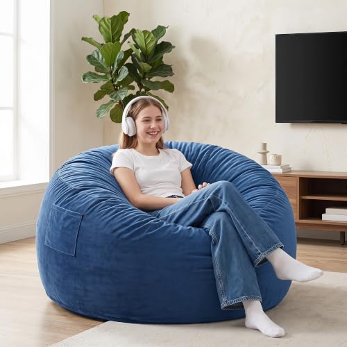 Image of Kromax Bean Bag Chair with Filling Included, Large 4FT Comfy Bean Bag Chairs for Adults, Teens, Memory Foam, Machine Washable Thick Dutch Velvet Cover, for Living Room, Den, or Bedroom, Blue
