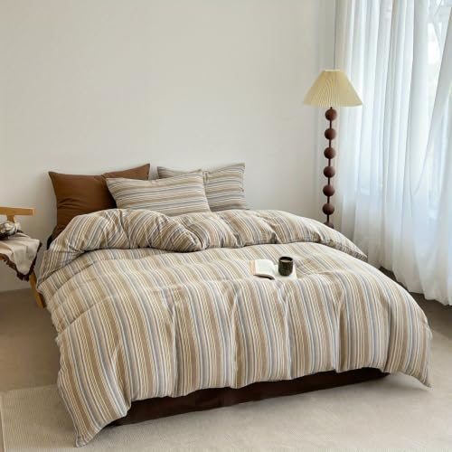Image of Nayoroom Striped Duvet Cover Queen Size Blue Brown Stripe Duvet Cover Dorm Bedding Set 3 Pieces Soft Breathable Microfiber Farmhouse Bedding Set