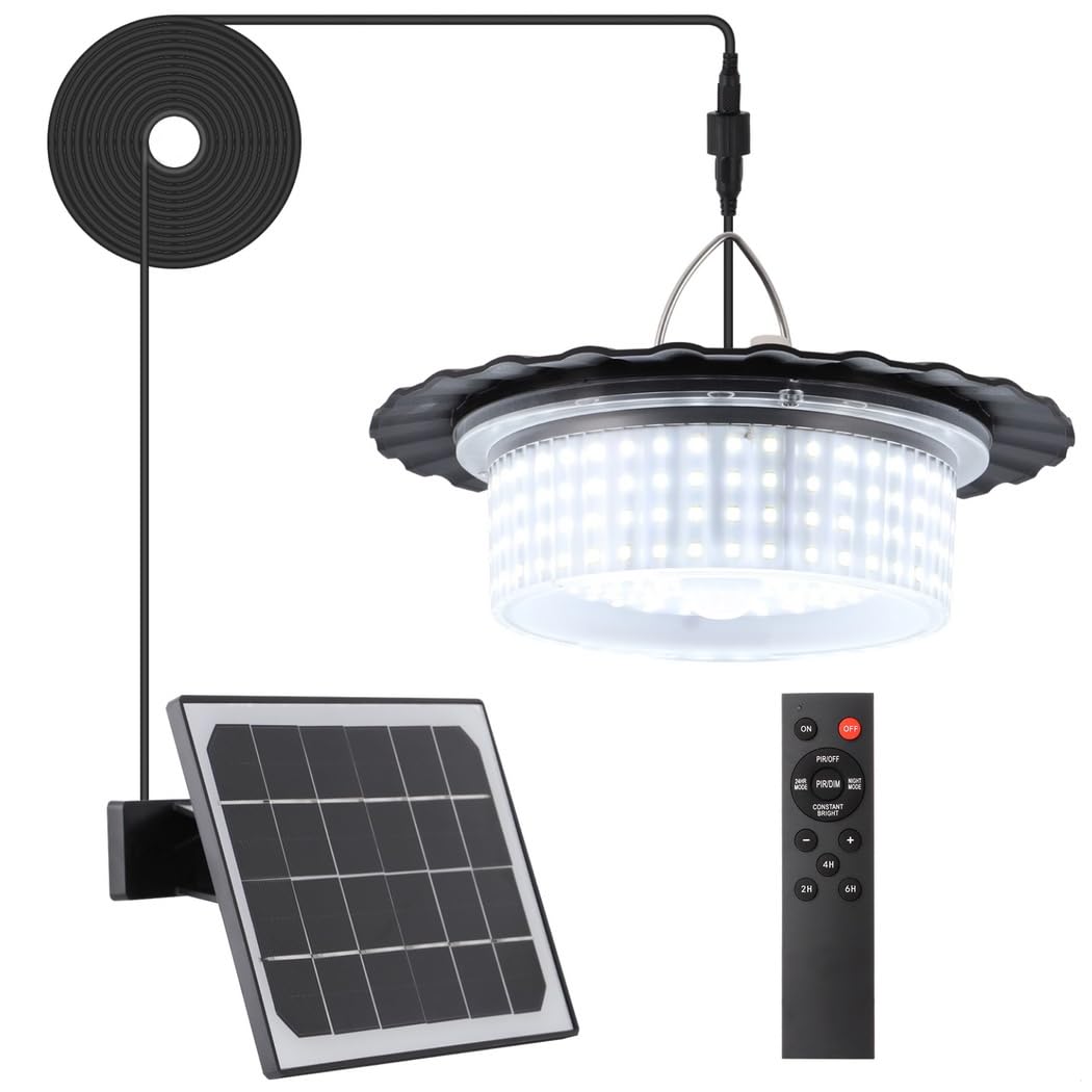 Solarna lampa sufitowa z czujnikiem ruchu z 5 trybami oświetlenia, 244 diody LED zasilane energią słoneczną do oświetlenia zewnętrznego, garażu i szopy