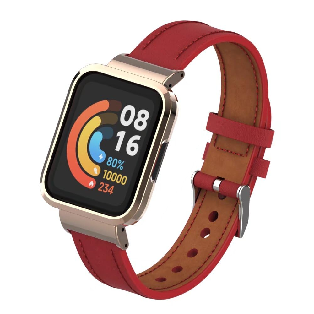 nuosiweilang Bracelet Compatible with Redmi Watch 2/Xiaomi Mi Watch Lite 2 Strap Leather,Classic Adjustable Replacement Sport Fitness Wristband for Men Women,Red
