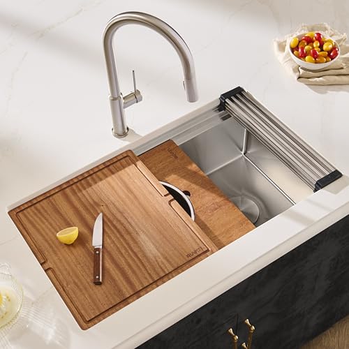 Image of Ruvati 33-inch Rounded Corner 16 Gauge Stainless Steel Workstation Sink - Modern Two-Tiered Ledge Undermount Kitchen Sink, Perfect for Stainless Steel Sink Kitchens - RVH6222ST