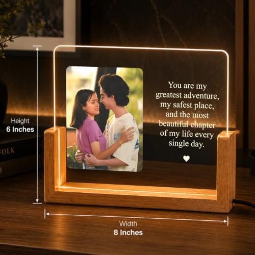 Image of Giftplease Personalized LED Acrylic Photo Frame with Custom Picture and Message Engraved Night Lamp Wooden Base USB Powered Couple Keepsake Home Decoration Anniversary Wedding Birthday Memory