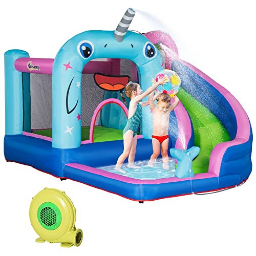 Outsunny Castillo hinchable para niños de 3 a 8 años con bolsa de transporte, 11 postes y parches incluidos, juego hinchable con temática de narval en tejido Oxford, 330x280x200 cm