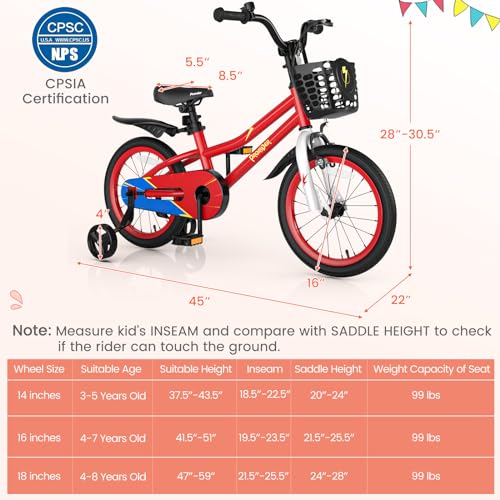 Image of BABY JOY Kids Bike, 12 14 16 18 Inch Boys Girls Bike for 3-8 Years w /Training Wheels, 20 Inch Children Bicycle for 8+ Teens w /Kickstand, Handbrake, Coaster Brake & Removable Basket, Sporty Bicycle