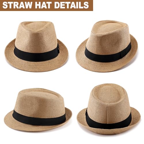 Image of Straw Fedora Hats for Men Women, 1920s Short Brim Trilby Panama Hat Summer Beach Sun Cap