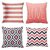 Emvency Set of 4 Throw Pillow Covers Coral and Navy Retro Nautical Stripes Decorlution Pink Cute...