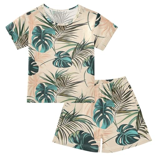 Tropical Palm Leaves Pajama Set, Short Sleeve Cotton Sleepwear Nightwear